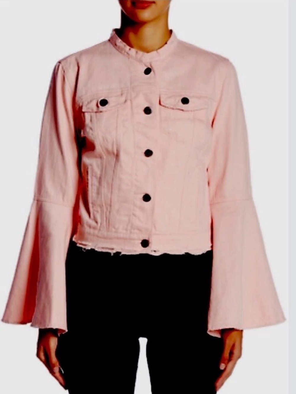 Romeo + Juliet Couture Dusty Pink Bell Sleeve Distressed Denim Jacket Boho NWT S